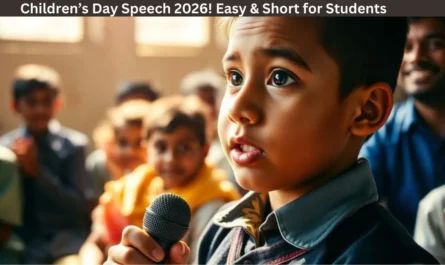 school student giving a children’s day speech on stage with microphone in school function