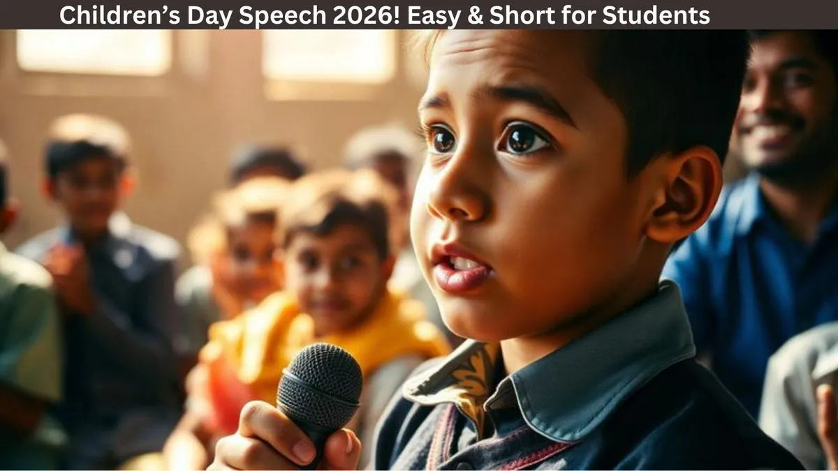school student giving a children’s day speech on stage with microphone in school function