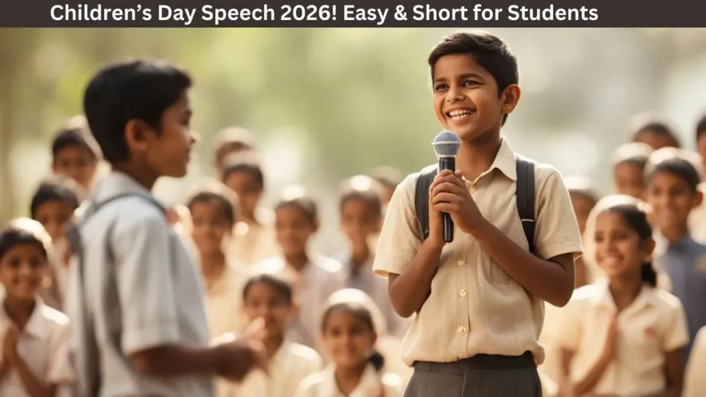 confident school student giving a children’s day speech on stage during school celebration in India