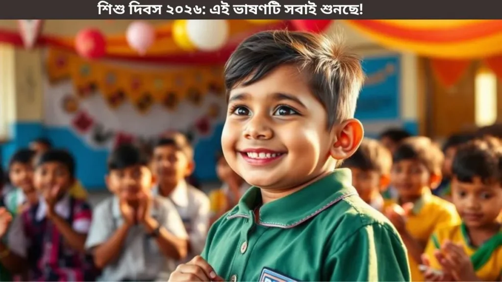 শিশু দিবস ২০২৬ উপলক্ষে স্কুলের মঞ্চে আত্মবিশ্বাসের সাথে ভাষণ দিচ্ছে এক শিক্ষার্থী, দর্শকদের করতালি