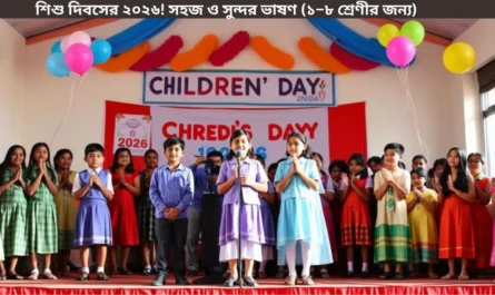 শিশু দিবস ২০২৬ উপলক্ষে স্কুলের মঞ্চে শিক্ষার্থীর সহজ ও সুন্দর ভাষণ দিচ্ছে