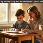 child writing my mother essay for class 1 to 8 in notebook with pencil