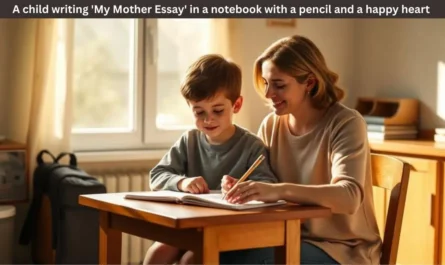 child writing my mother essay for class 1 to 8 in notebook with pencil