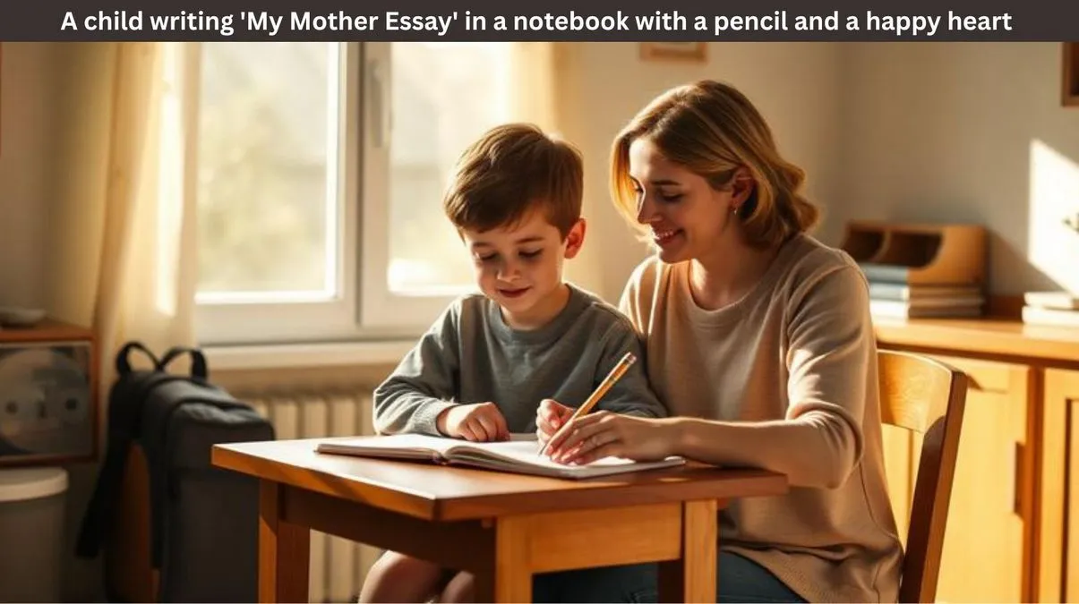 child writing my mother essay for class 1 to 8 in notebook with pencil
