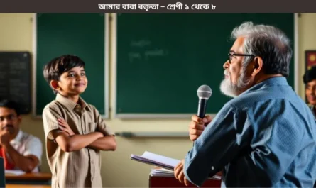 স্কুলের মঞ্চে বাবাকে নিয়ে বক্তৃতা দিচ্ছে এক শিক্ষার্থী, সামনে গর্বিত বাবা বসে আছেন