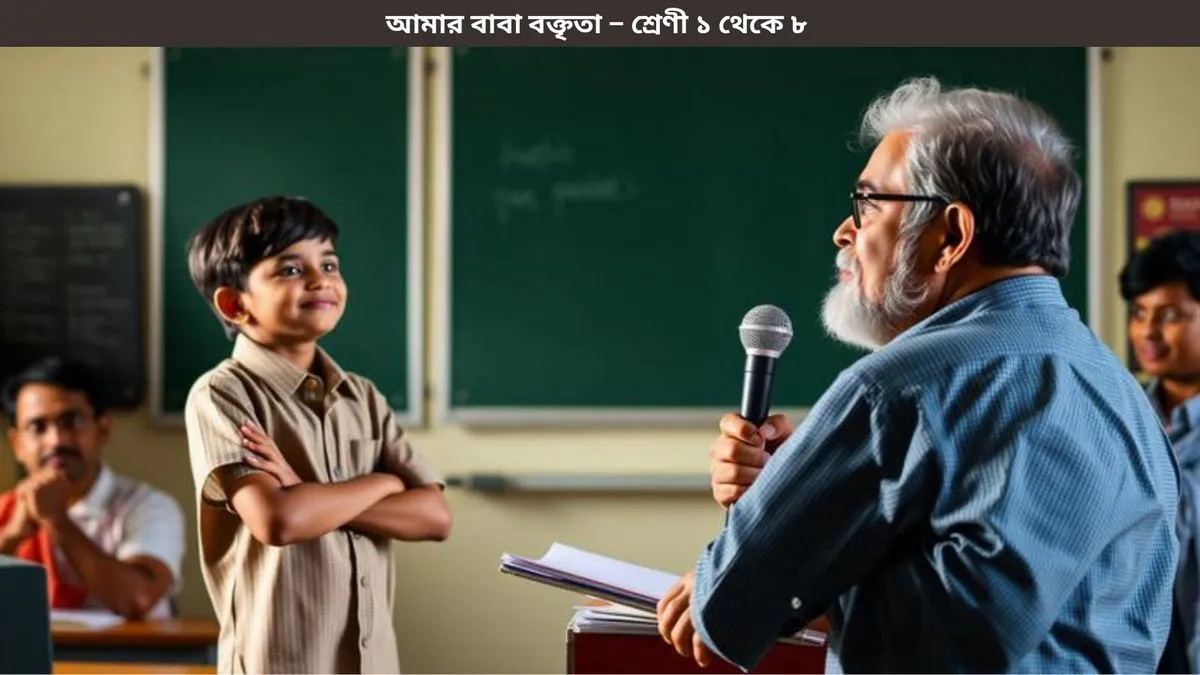 স্কুলের মঞ্চে বাবাকে নিয়ে বক্তৃতা দিচ্ছে এক শিক্ষার্থী, সামনে গর্বিত বাবা বসে আছেন