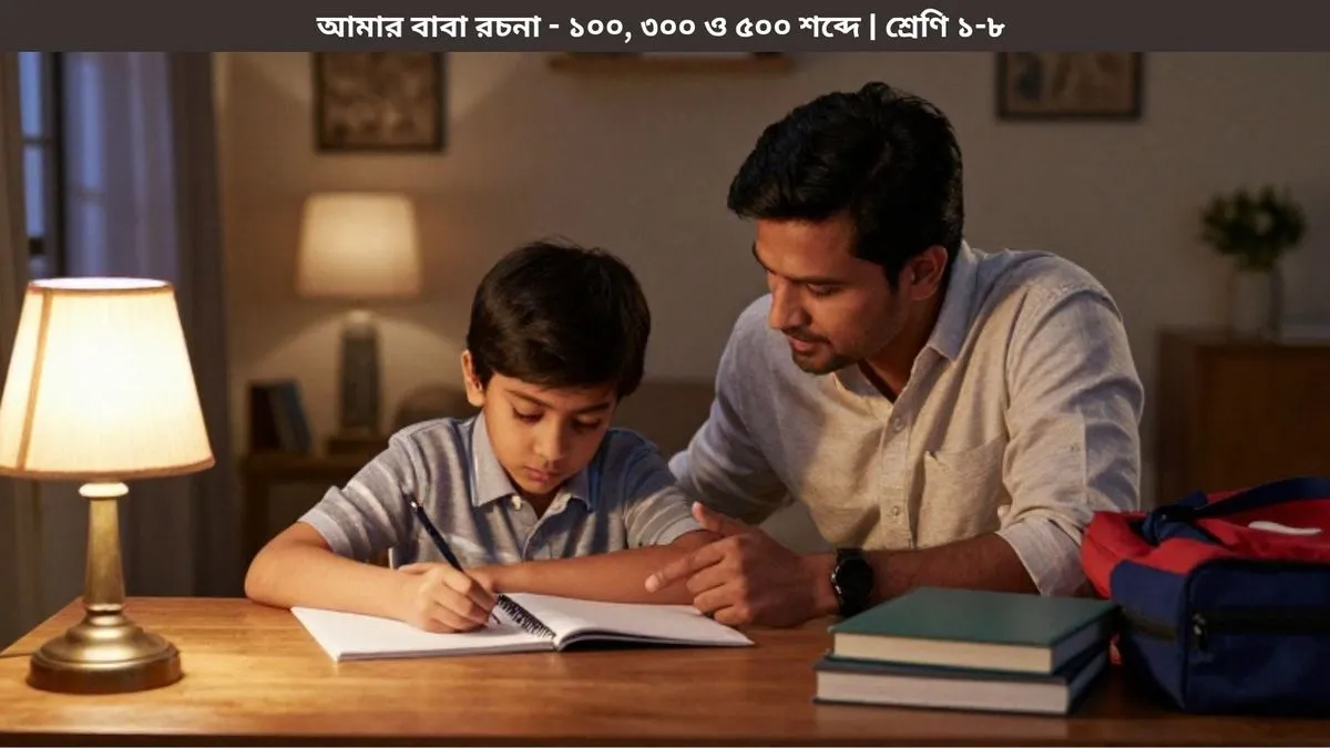 শ্রেণি ১ থেকে ৮-এর জন্য আমার বাবা রচনা লিখছে এমন এক ছাত্রকে সাহায্য করছেন তার বাবা