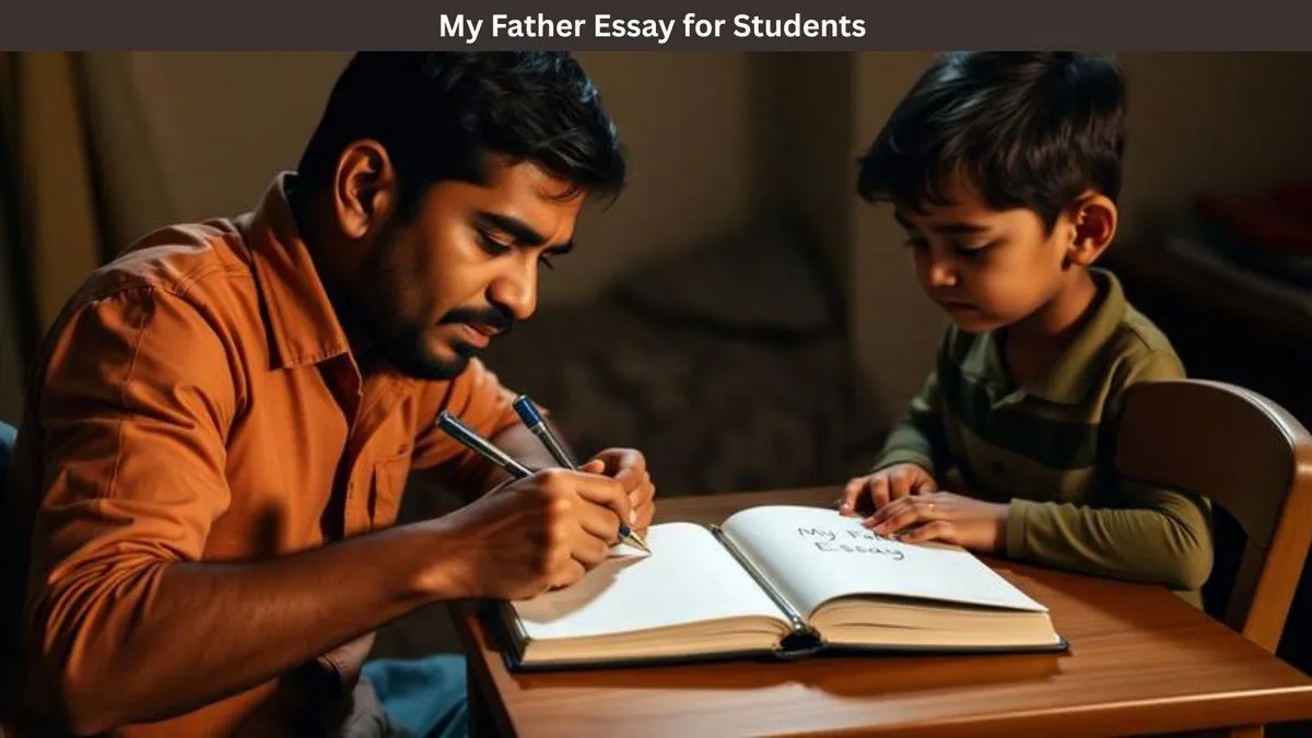 Indian student writing My Father essay at home with father helping, realistic scene