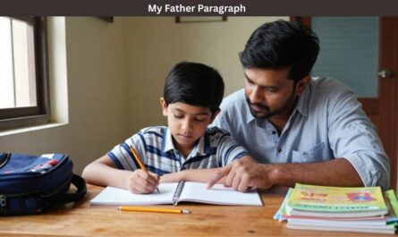 My Father Paragraph for Class 1-5 image showing an Indian father helping his child study at home