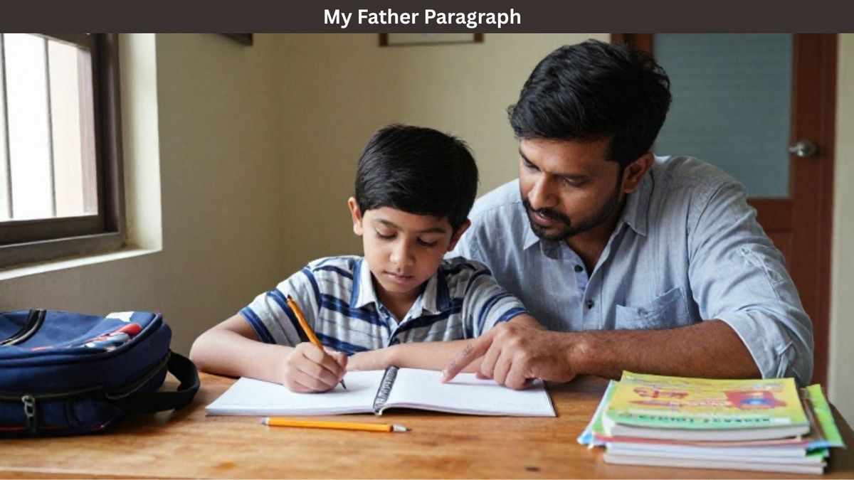 My Father Paragraph for Class 1-5 image showing an Indian father helping his child study at home