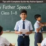 School student giving a speech about his father in a classroom for Class 1 to 8 students