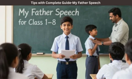 School student giving a speech about his father in a classroom for Class 1 to 8 students