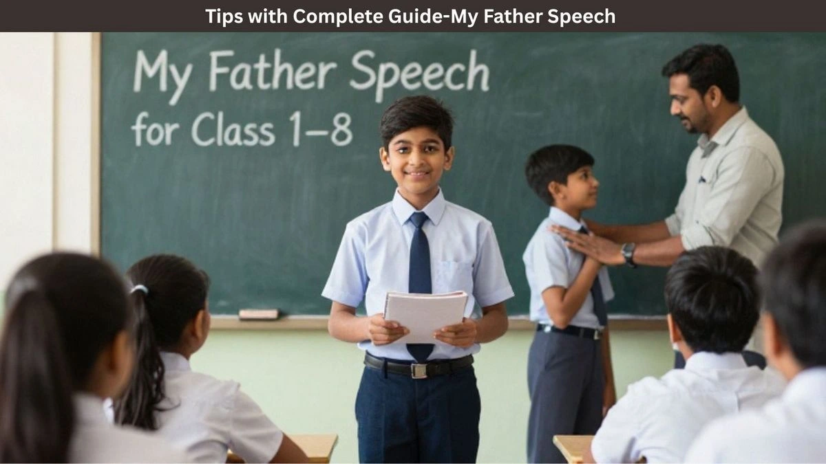 School student giving a speech about his father in a classroom for Class 1 to 8 students