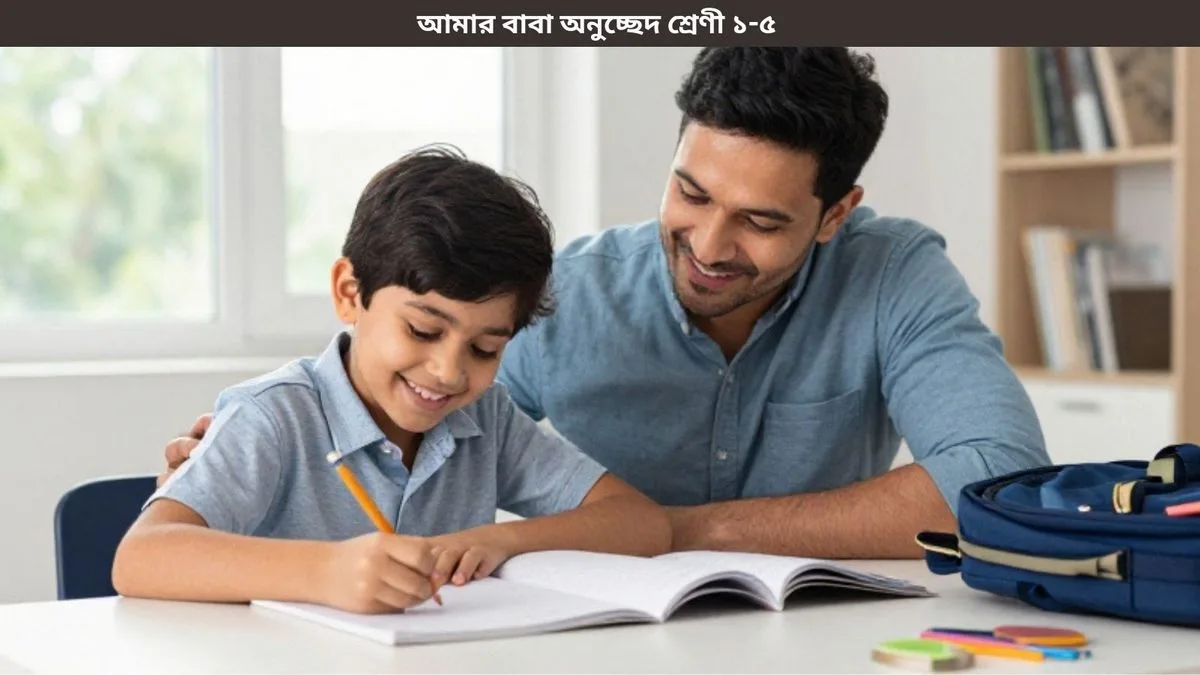আমার বাবা অনুচ্ছেদ শ্রেণী ১-৫ | সহজ লেখা ও পরীক্ষার প্রস্তুতি 2 আমার বাবা অনুচ্ছেদ শ্রেণী ১-৫ লেখার প্রস্তুতিতে বাবা শিশুকে পড়াশোনায় সাহায্য করছেন