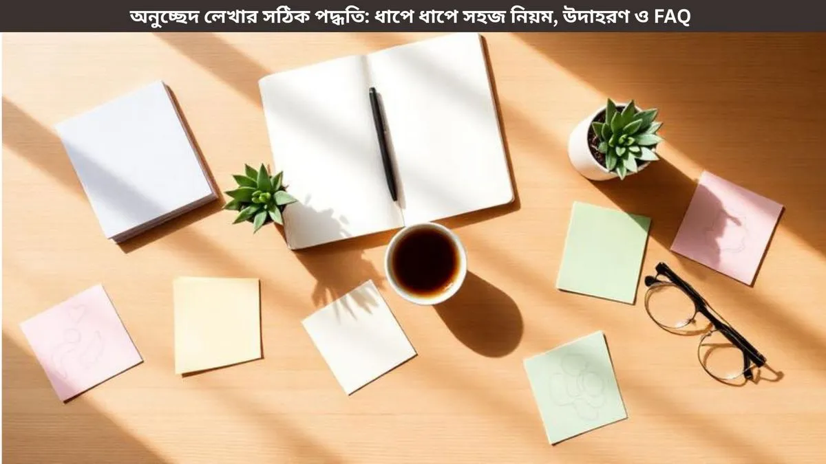 অনুচ্ছেদ লেখার সঠিক পদ্ধতি: ধাপে ধাপে সহজ নিয়ম, উদাহরণ ও FAQ 2 একজন শিক্ষার্থী খাতায় অনুচ্ছেদ লিখছে। ছবিতে অনুচ্ছেদ লেখার ধাপ, নিয়ম এবং উদাহরণ শিক্ষামূলক ইনফোগ্রাফিক আকারে দেখানো হয়েছে।