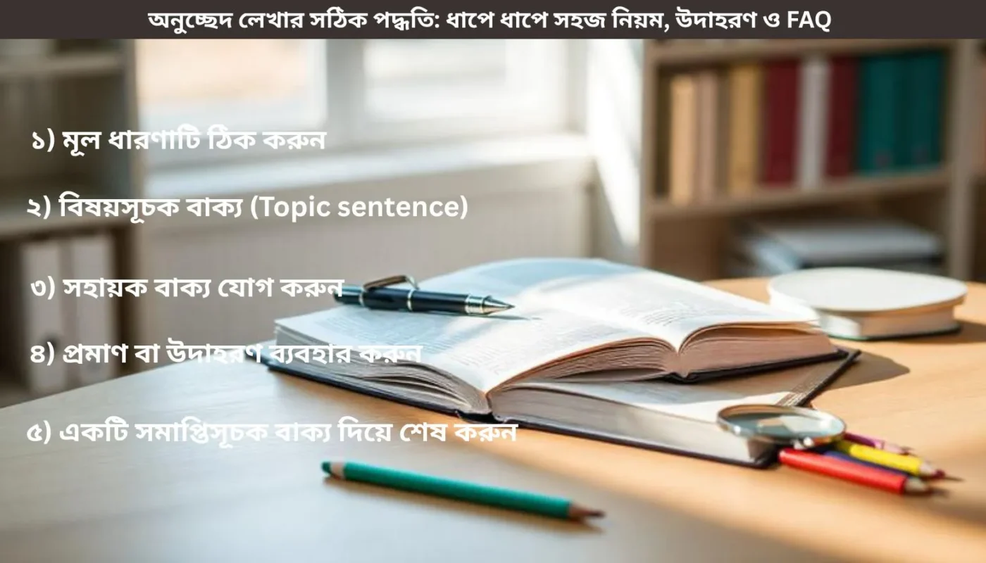 অনুচ্ছেদ লেখার সঠিক পদ্ধতি দেখানো একটি শিক্ষামূলক চিত্র, যেখানে ধাপে ধাপে নিয়ম, কাঠামো ও উদাহরণ তুলে ধরা হয়েছে।