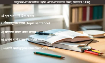 অনুচ্ছেদ লেখার সঠিক পদ্ধতি দেখানো একটি শিক্ষামূলক চিত্র, যেখানে ধাপে ধাপে নিয়ম, কাঠামো ও উদাহরণ তুলে ধরা হয়েছে।