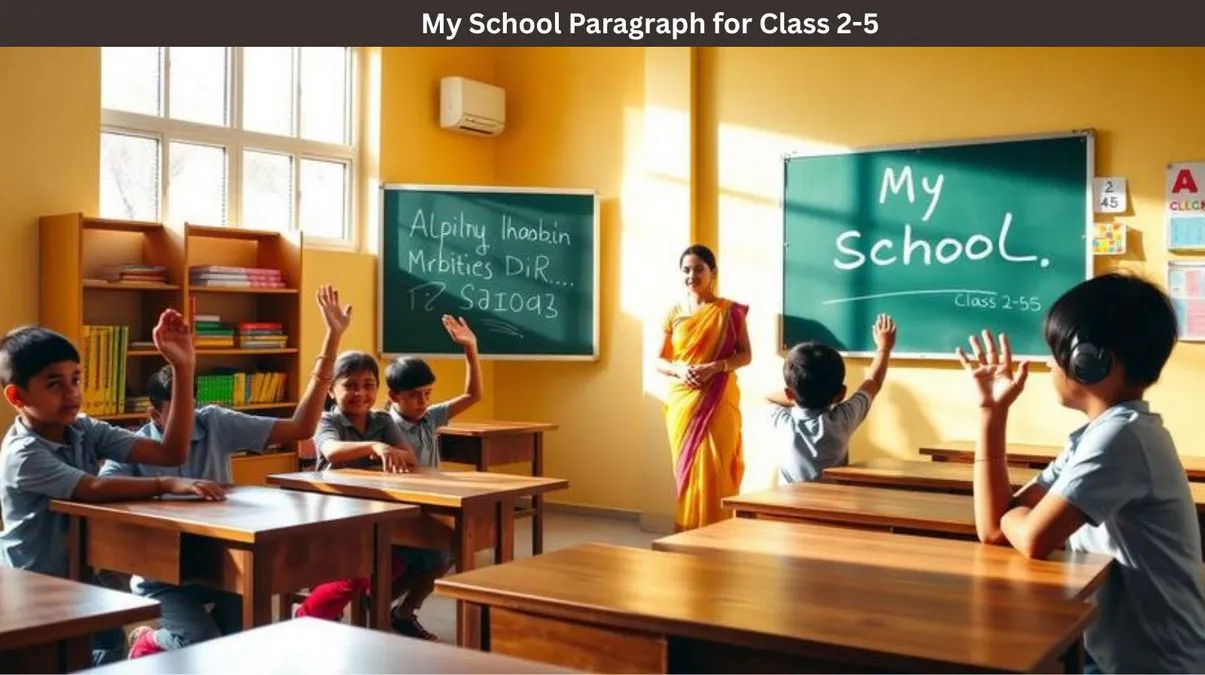 Happy school students standing in front of their school building for My School paragraph writing examples for Classes 2 to 5.