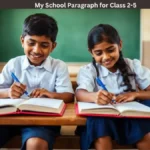 My School paragraph for Class 1 to 5 with students standing in front of a school building and writing about their school.