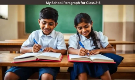 My School paragraph for Class 1 to 5 with students standing in front of a school building and writing about their school.