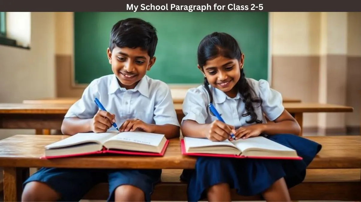 My School paragraph for Class 1 to 5 with students standing in front of a school building and writing about their school.