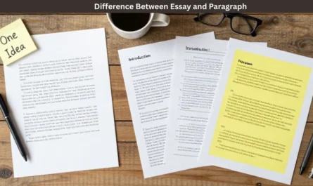Difference between essay and paragraph illustrated with a comparison chart, writing structure, and examples for students.