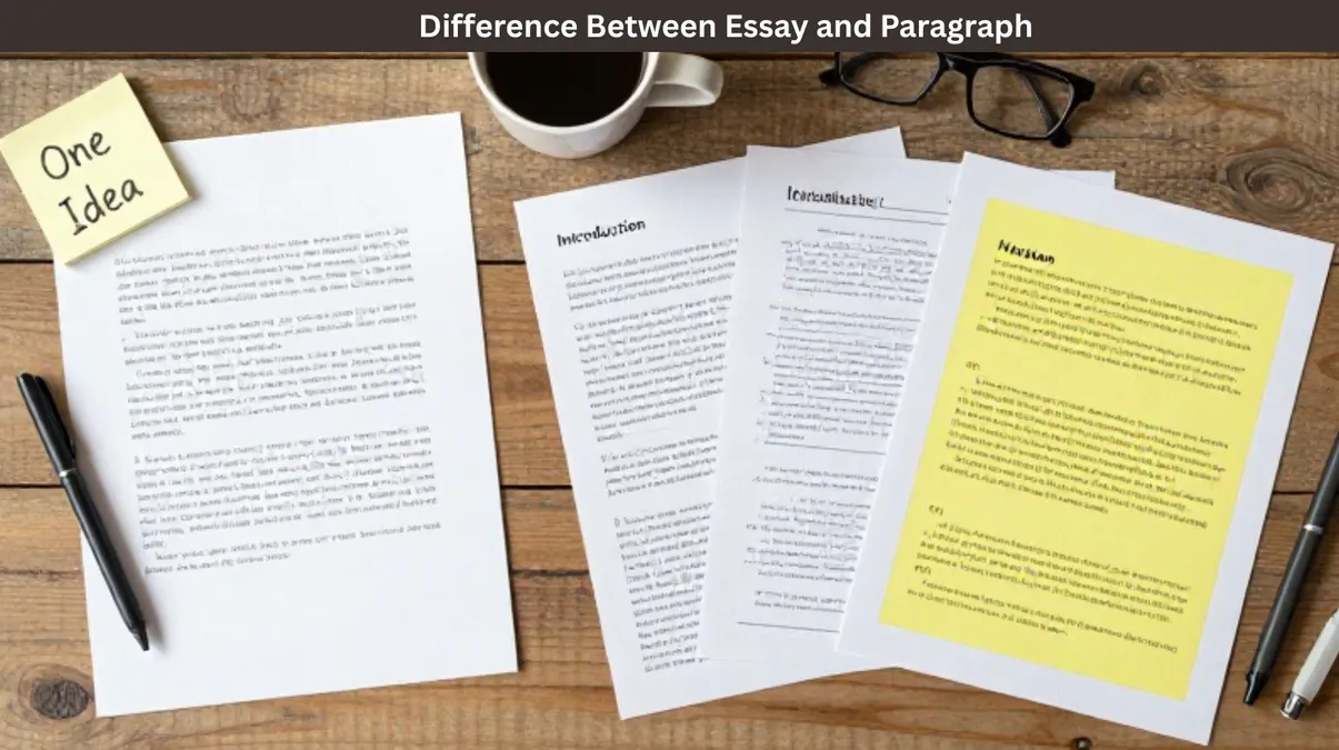 Difference between essay and paragraph illustrated with a comparison chart, writing structure, and examples for students.