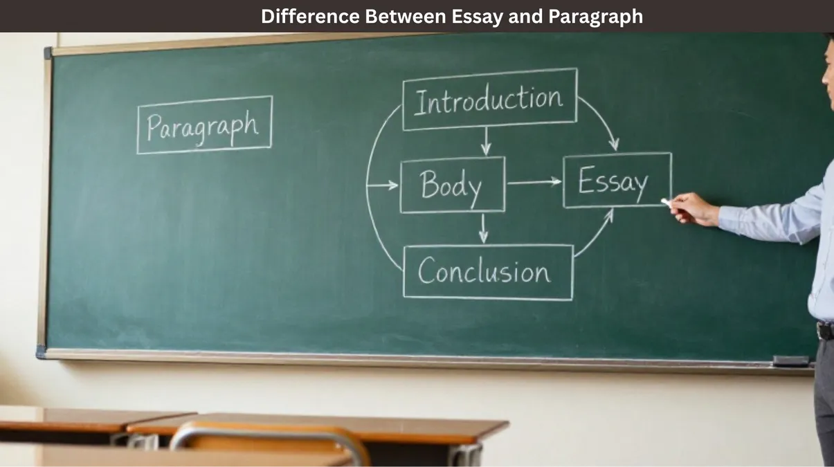 Student comparing an essay and a paragraph using a simple writing structure chart with examples.