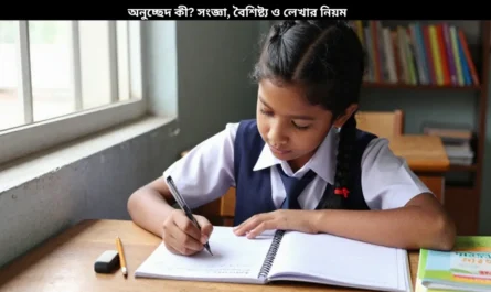 বাংলা অনুচ্ছেদ লেখার সহজ নিয়ম: টপিক সেন্টেন্স, ব্যাখ্যা ও উপসংহারসহ একটি আদর্শ অনুচ্ছেদের গঠন দেখানো চিত্র।