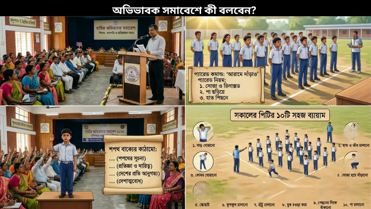 অভিভাবক সমাবেশে কী বলবেন? ২ মিনিটেই রেডি! 2 স্কুল সমাবেশের চারটি বিষয় বক্তব্য, প্যারেড কমান্ড, শপথ ও পিটি নিয়ে চার-অংশের ইনফোগ্রাফিক